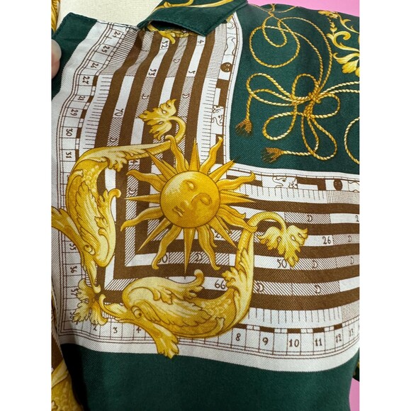 Size S | Vintage 1990s 90s Green Baroque Novelty Print Silk Button Up Blouse Top - Picture 5 of 10